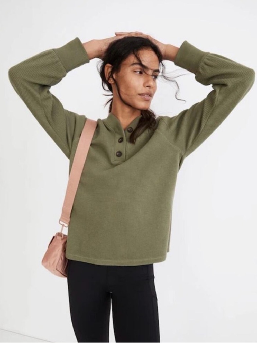 Madewell Olive Green Waffle-Knit Button Henley Top MWL